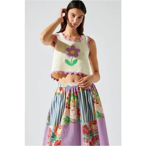 Crochet Top with Mauve Floral Detail , female, Sizes: XS - Manoush - Modalova