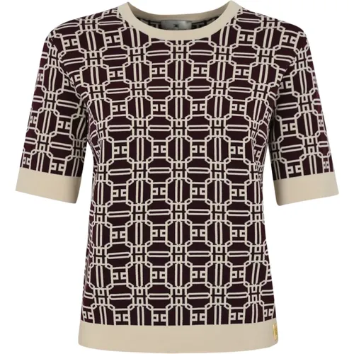 Kurzarm Jacquard Top mit Logo-Druck , Damen, Größe: L - Elisabetta Franchi - Modalova