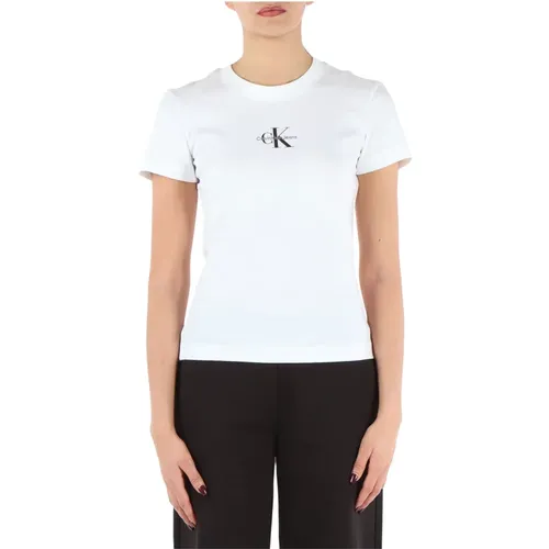 Slim Fit Baumwoll T-Shirt mit Logo Stickerei , Damen, Größe: S - Calvin Klein Jeans - Modalova