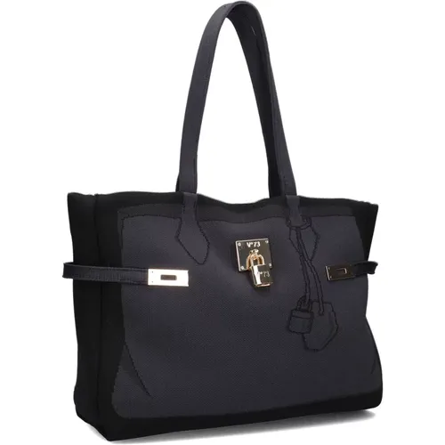 Schwarze Textil-Shopper-Tasche mit besticktem Druck , Damen, Größe: ONE Size - V73 - Modalova