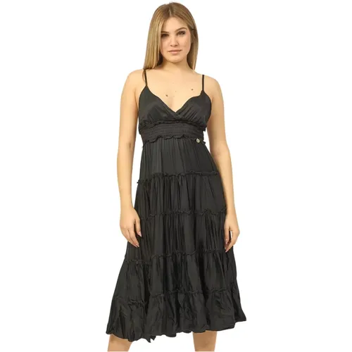Schwarzes Langes Kleid mit Gerüschtem Oberteil , Damen, Größe: XL - YES ZEE - Modalova