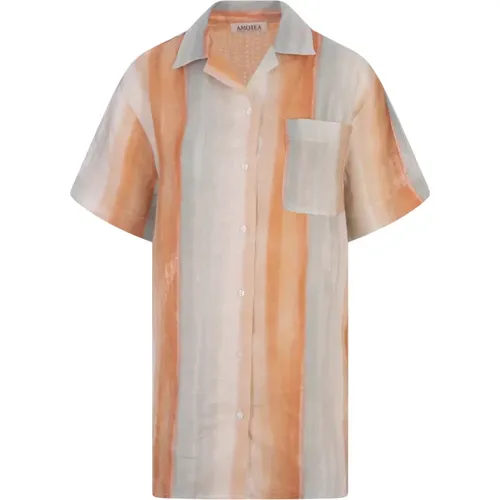 Korallfarbenes Leinenhemd mit Allover-Print , Damen, Größe: XS - Amotea - Modalova