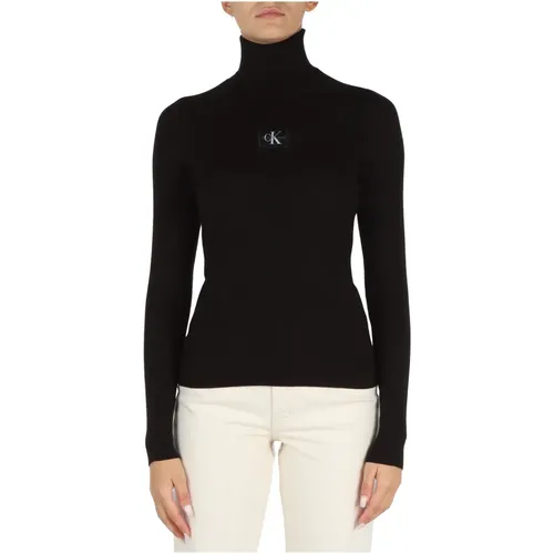 Gerippter Rollkragenpullover mit Logo-Patch , Damen, Größe: L - Calvin Klein Jeans - Modalova