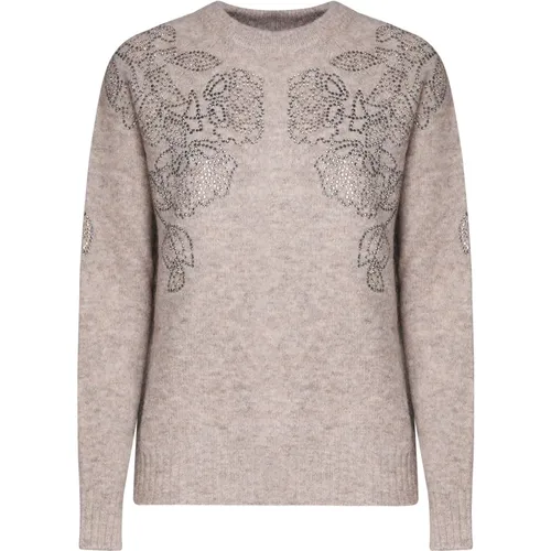 Eleganter Bestickter Taupe Strickpullover , Damen, Größe: S - Guess - Modalova