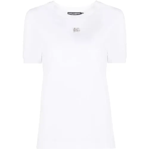 Weiße T-Shirts und Polos von ,Weiße T-Shirts und Polos von D&G,Kristall Logo Baumwoll T-shirt Rundhals,T-Shirts - Dolce & Gabbana - Modalova