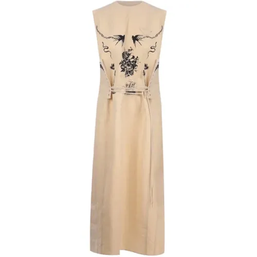 Linen Midi Dress with Lace Detail , female, Sizes: S, XS - Prada - Modalova
