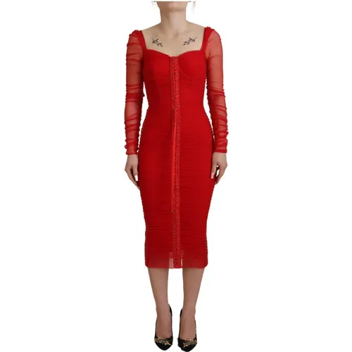 Rotes Bodycon Sheath Midi Kleid mit Mesh-Verzierung - Dolce & Gabbana - Modalova
