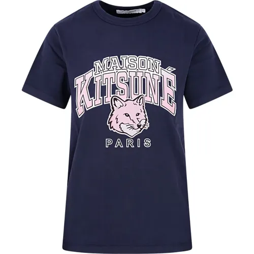 Marineblauer Campus Fox Classic T-Shirt , Damen, Größe: M - Maison Kitsuné - Modalova