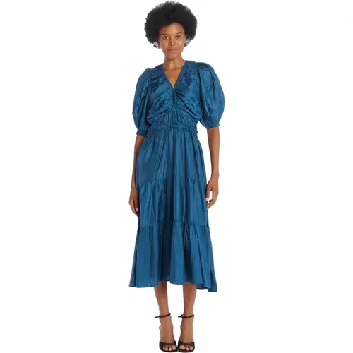 Silk Longuette Dress with Puff Sleeves , female, Sizes: M, S - Sea NY - Modalova