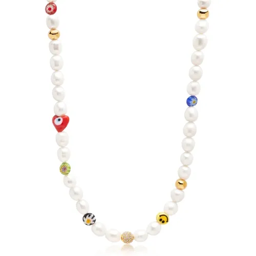 Mens Smiley Face Pearl Choker with Assorted Beads , male, Sizes: S - Nialaya - Modalova