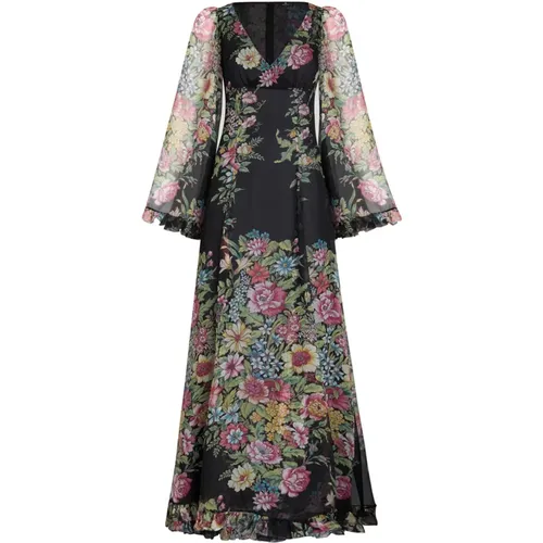 Black Floral V-Neck Long Dress , female, Sizes: S - ETRO - Modalova
