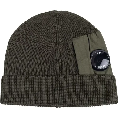 Men's Wool and Cotton Beanie with Lens Detail , male, Sizes: ONE SIZE - C.P. Company - Modalova