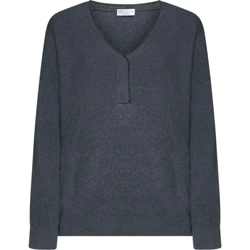 Grey Sweater V-Neck Style , female, Sizes: L - BRUNELLO CUCINELLI - Modalova