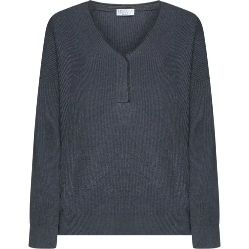 Grey Sweater V-Neck Style , female, Sizes: M, L - BRUNELLO CUCINELLI - Modalova