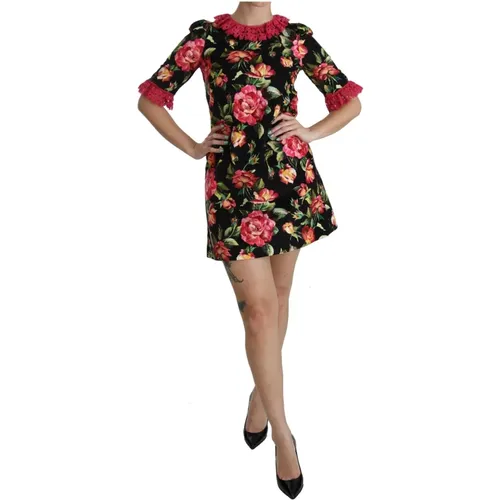 Schwarzes Blumen Spitze A-Linie Mini Kleid - Dolce & Gabbana - Modalova