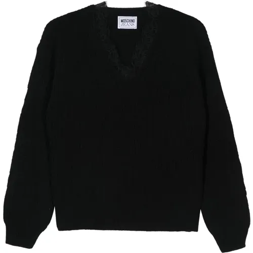 Schwarzer Wollmischung Half-Cardigan Pullover , Damen, Größe: XS - Moschino - Modalova