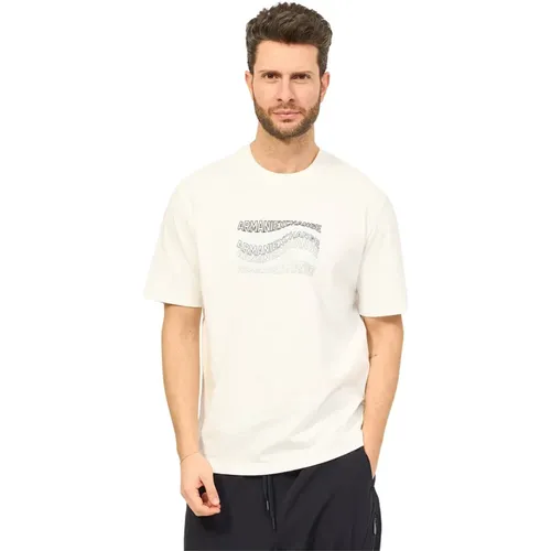 Wave Print Cotton T-shirt , male, Sizes: 2XL, M - Armani Exchange - Modalova