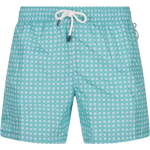 Turquoise Swim Shorts with Micro Flowers , male, Sizes: 2XL, L - Fedeli - Modalova