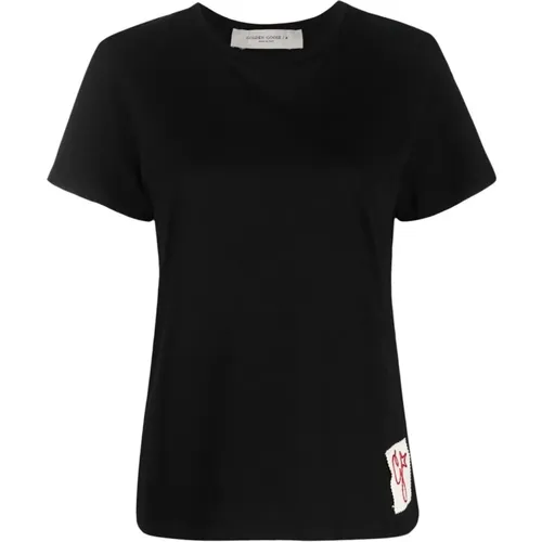 Schwarzes Baumwoll-Logo-Crew-Neck-T-Shirt , Damen, Größe: XS - Golden Goose - Modalova