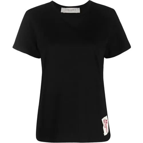 Schwarzes Baumwoll-Logo-Crew-Neck-T-Shirt , Damen, Größe: S - Golden Goose - Modalova