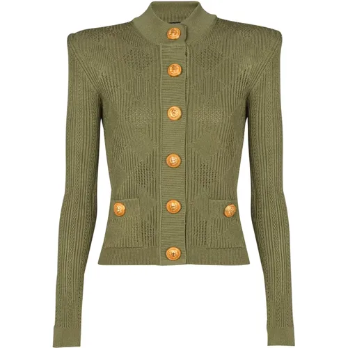 Karierte Strickjacke mit Lochmuster - Balmain - Modalova