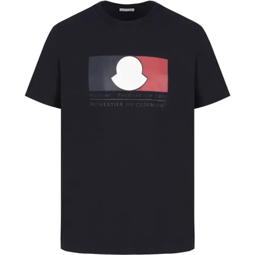 Box Logo Cotton T-Shirt in Navy , male, Sizes: XL - Moncler - Modalova