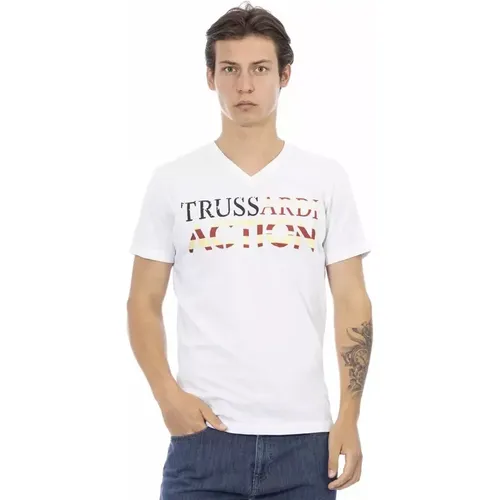 Elegantes V-Ausschnitt T-Shirt mit Frontprint , Herren, Größe: 2XL - Trussardi - Modalova