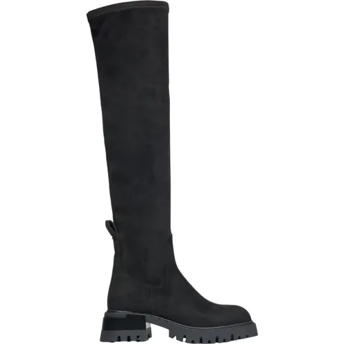 Luxuriöse Schwarze Kniehohe Stiefel aus Echtem Velours , Damen, Größe: 39 EU - Estro - Modalova