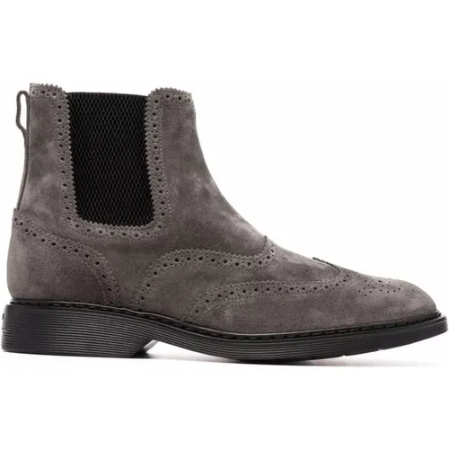 Grey Leather Ankle Boot with Perforated Details , male, Sizes: 6 1/2 UK, 5 1/2 UK, 9 1/2 UK - Hogan - Modalova