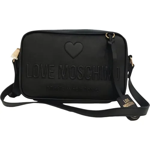 Schwarze Lederschultertasche mit geprägtem Logoaufdruck - Love Moschino - Modalova