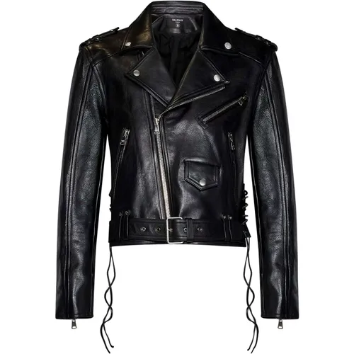 Schwarze Leder Bikerjacke Aw24 - Balmain - Modalova