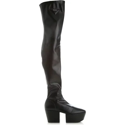 Leather Platform Over-the-Knee Boots , female, Sizes: 5 1/2 UK, 7 UK, 3 UK - Prada - Modalova