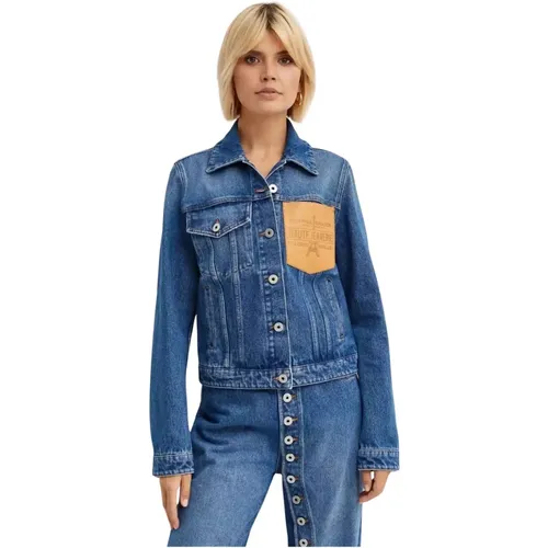 Blaue Jeansjacke mit Lederpatch - Jean Paul Gaultier - Modalova