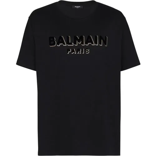 Flock & Foil Schwarzes T-Shirt , Herren, Größe: L - Balmain - Modalova