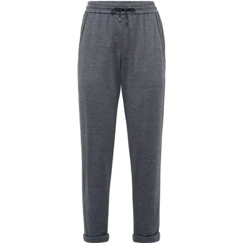 Grey Cotton-Blend Trousers with Elasticated Waistband , female, Sizes: S - BRUNELLO CUCINELLI - Modalova