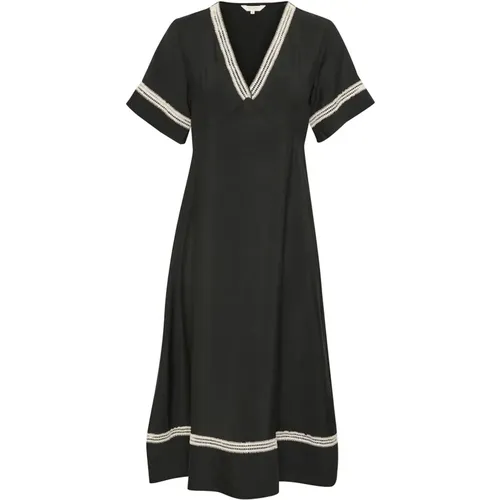 Schwarzes Midi-Kleid mit V-Ausschnitt , Damen, Größe: S - Part Two - Modalova