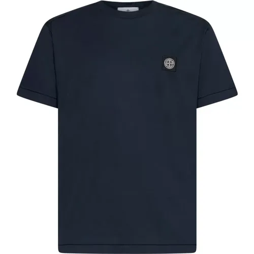 Blaues Baumwoll-T-Shirt mit Logo-Patch - Stone Island - Modalova