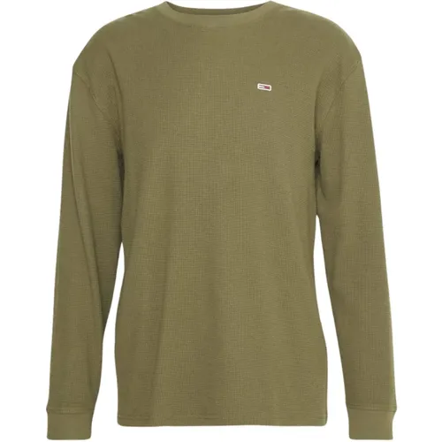 Grünes Langarm-Honigwaben-T-Shirt , Herren, Größe: M - Tommy Jeans - Modalova
