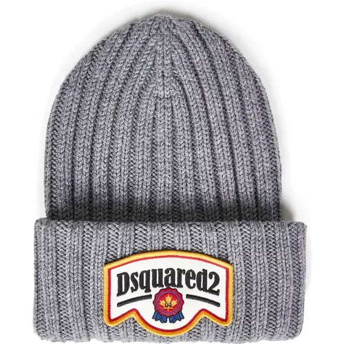 Graue Gerippte Wollmütze mit Logo - Dsquared2 - Modalova