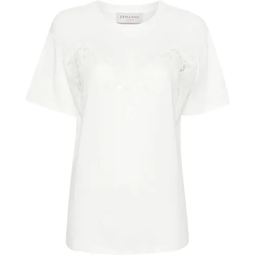 Weißes T-Shirt mit Spitzenbesatz - Ermanno Scervino - Modalova