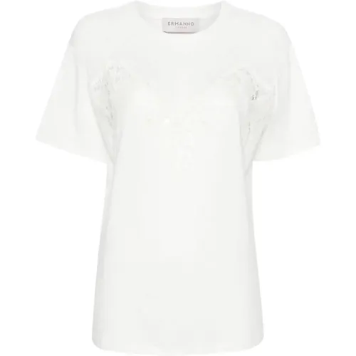 Weißes T-Shirt mit Spitzenbesatz , Damen, Größe: S - Ermanno Scervino - Modalova