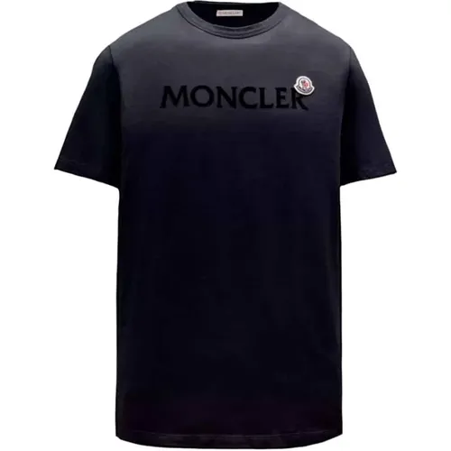 Rundhals T-shirt Navy Baumwolle Logo , Herren, Größe: M - Moncler - Modalova