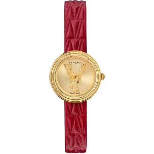 Virtus Mini Red Leather Gold Watch , female, Sizes: ONE SIZE - Versace - Modalova