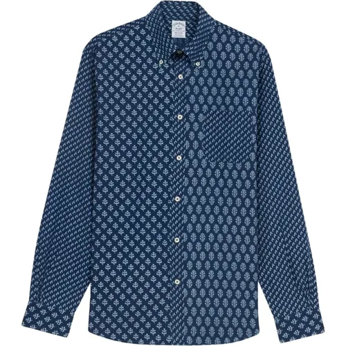 Indigo Print Baumwoll-Popeline-Sportshirt mit Button-Down-Kragen , Herren, Größe: L - Brooks Brothers - Modalova