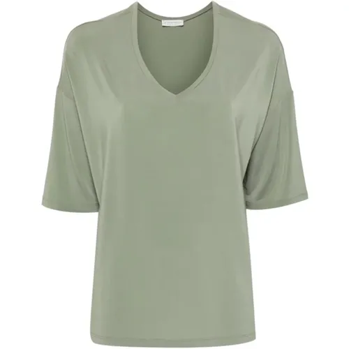 Grünes V-Ausschnitt T-Shirt mit abgesenkten Schultern , Damen, Größe: L - Le Tricot Perugia - Modalova