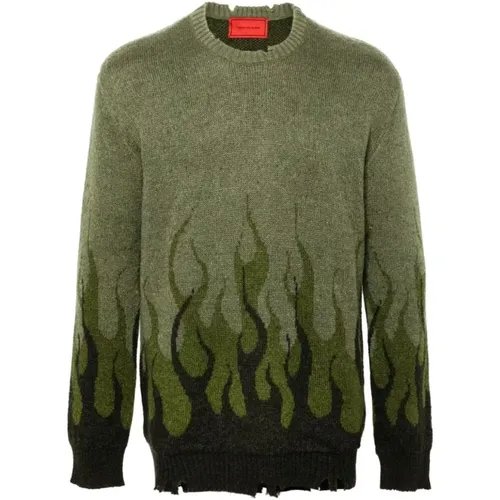 Khaki Flame Jacquard Crew Neck Sweater , male, Sizes: S, M, XL, L - Vision OF Super - Modalova