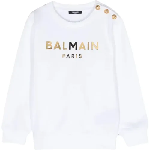 Weißer Jersey-Pullover mit Gold-Logo - Balmain - Modalova