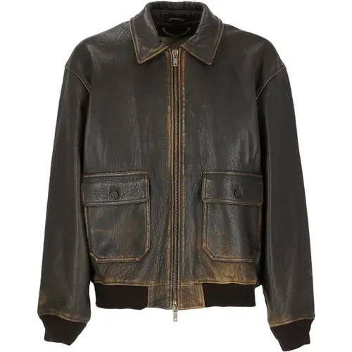 Leather Jacket with Metallic Star Logo , male, Sizes: L, M - Golden Goose - Modalova
