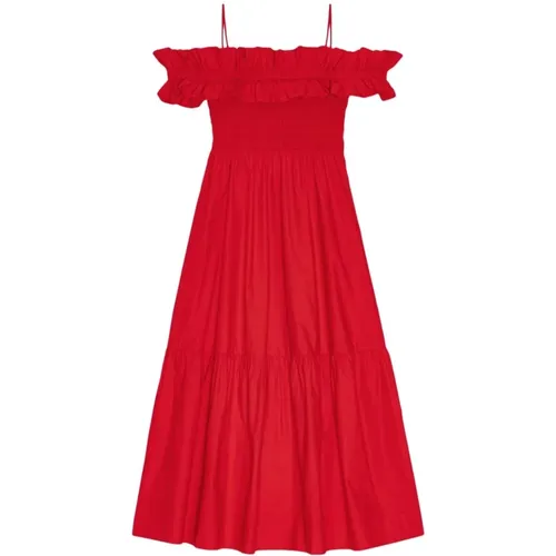 Rotes Baumwoll Rüschen Kleid , Damen, Größe: L - Ganni - Modalova