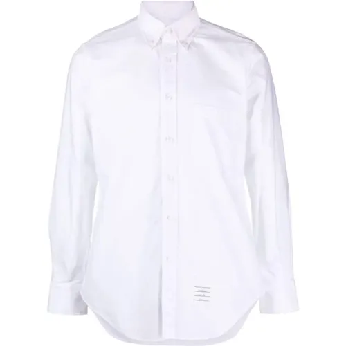 Weiße Baumwollhemd mit Knopfkragen,Weißes Oxford Baumwollhemd mit Tricolor-Detail,Weißes Popeline Baumwollhemd Kragen Lange Ärmel - Thom Browne - Modalova